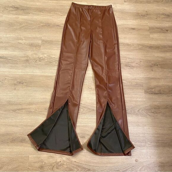 PRETTYLITTLETHING CHOCOLATE FAUX LEATHER SEAM DETAIL SPLIT HEM TROUSERS 8 NWT - Picture 9 of 16